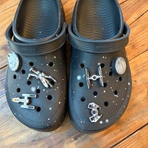 CROCS Black Clogs with Space-Themed Charms W10 M8